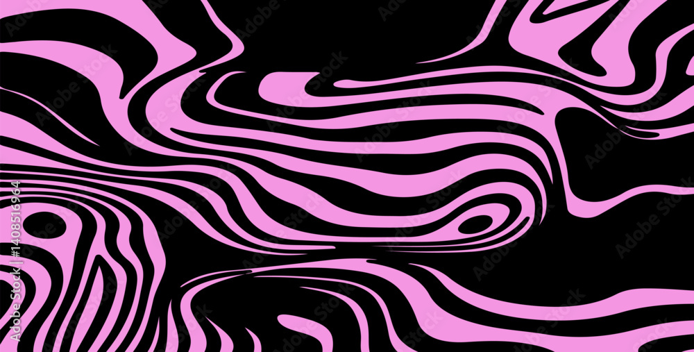 Poster Abstract vector illustration with wavy pink and black lines creating a psychedelic pattern. Dynamic, flowing design with bold contrasts and hypnotic visual appeal.