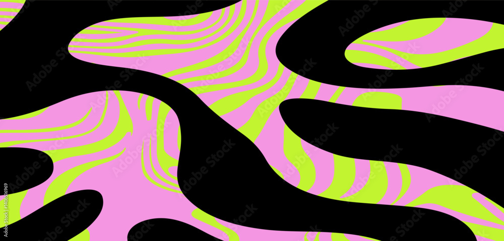 Poster Vector illustration features flowing wavy lines in pink and lime green on a black background, creating an abstract, dynamic, and vibrant pattern with a swirling and optical illusion effect.