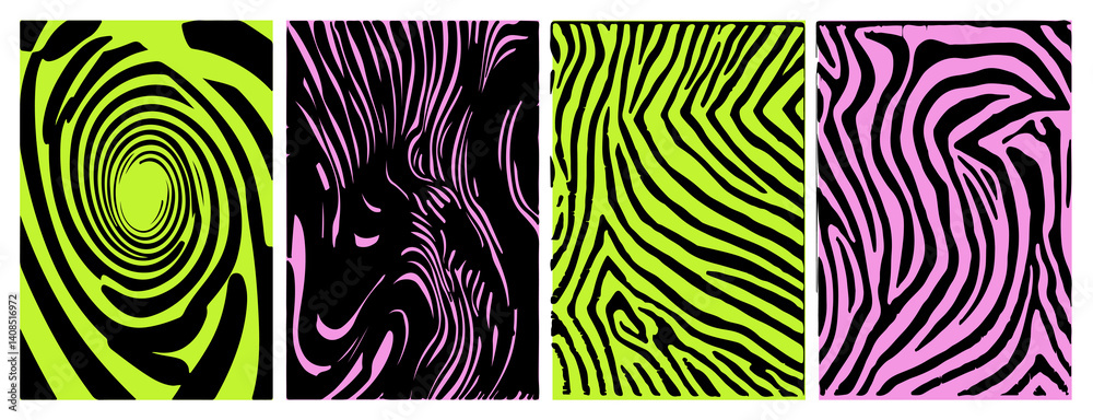 Aufkleber Vector illustration features vibrant zebra patterns in bold black, pink, and green colors, arranged in four square sections, creating a striking and modern design with a playful abstract touch.