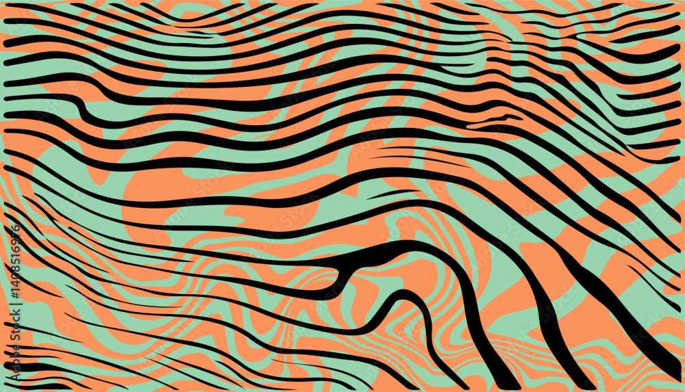 Poster vector illustration features flowing black wavy lines over an orange and teal background, forming an