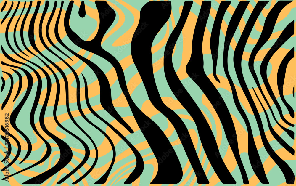 Aufkleber Vibrant abstract vector with bold black stripes over colorful neon wavy background. Modern zebra-inspired pattern perfect for trendy backgrounds or textile design.