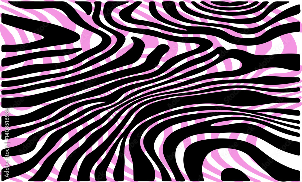 Poster vector illustration features black, white, and pink zebra-like stripes creating an abstract, dynamic