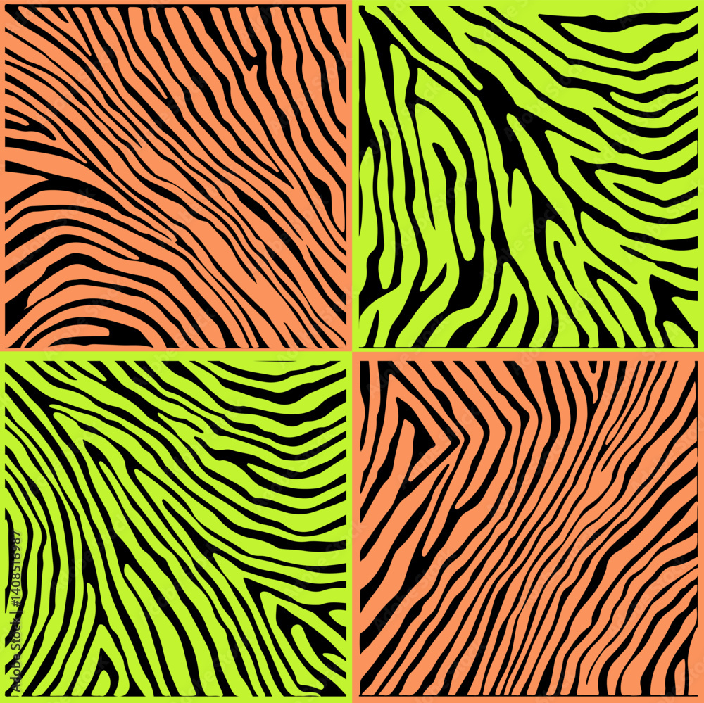 Aufkleber Vector illustration features vibrant zebra patterns in bold black, pink, and green colors, arranged in four square sections, creating a striking and modern design with a playful abstract touch.