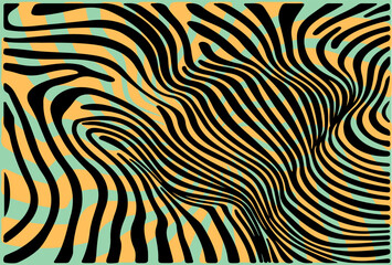 Vector illustration features flowing black wavy lines over an orange and teal background, forming an abstract, dynamic, and vibrant pattern with a swirling and optical illusion effect.