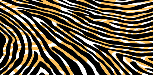 Vector illustration with black, white, and orange zebra-like stripes forming an abstract, dynamic pattern. The design is bold and lively, featuring flowing, wavy lines.
