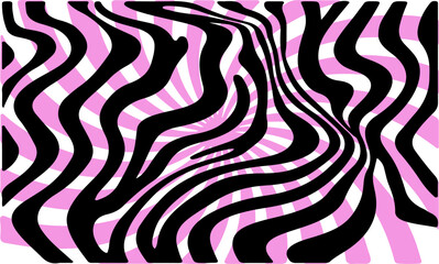 Vector illustration features black, white, and pink zebra-like stripes creating an abstract, dynamic pattern. The design is bold and vibrant, with flowing, wavy lines.