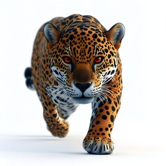 Obraz premium A powerful with piercing red eyes strides forward on a stark white background showcasing its majestic spots and intense gaze.