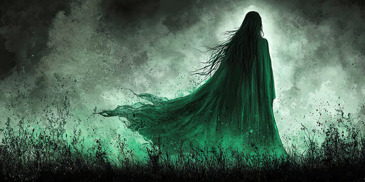Ghostly female figure in green robe dissolves into dark mist in a desolate landscape, Generated with AI