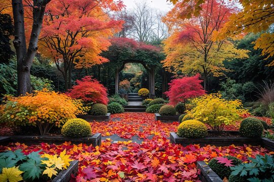 Vibrant Autumn Scenery with Colorful Leaves and Natural Backdrop in the Garden