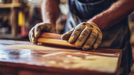 Hispanic carpenter sanding wooden furniture in a workshop. Featuring carpentry and craftsmanship