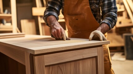 Hispanic carpenter sanding wooden furniture in a workshop. Featuring carpentry and craftsmanship