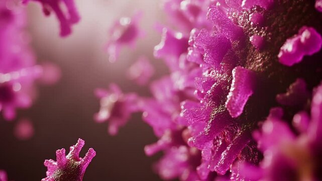 Visualizaci&oacute;n 3D de virus y bacterias a nivel microsc&oacute;pico color morado con ambiente color rosa.
