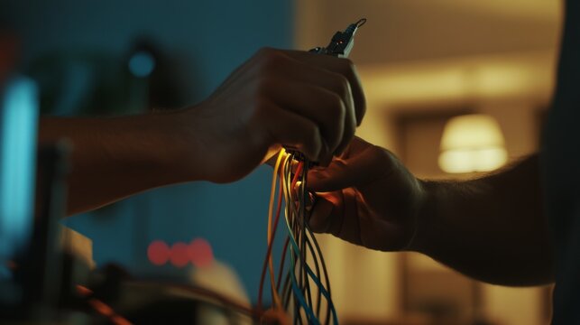 Hispanic electrician fixing a wiring issue in a living room. Featuring electrical work and troubleshooting