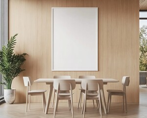 Dining Room Interior with Blank Canvas and Light Wood Furniture