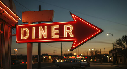 Glowing Neon Diner Sign Against Twilight Sky Invites Nighttime Dining