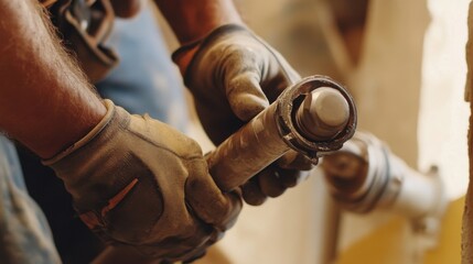 Plumber repairing a pipe at a construction site. Featuring skill and focus