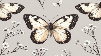 Obraz premium Delicate butterfly and flower pattern design.