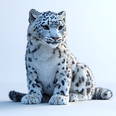 Obraz premium A majestic snow leopard cub sits gracefully on a light gray background showcasing its thick white fur and distinctive dark spots.
