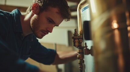Plumber installing a water heater in a basement. Featuring technical skill and efficiency