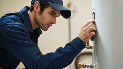 Plumber installing a water heater in a newly constructed home. Featuring expertise and focus