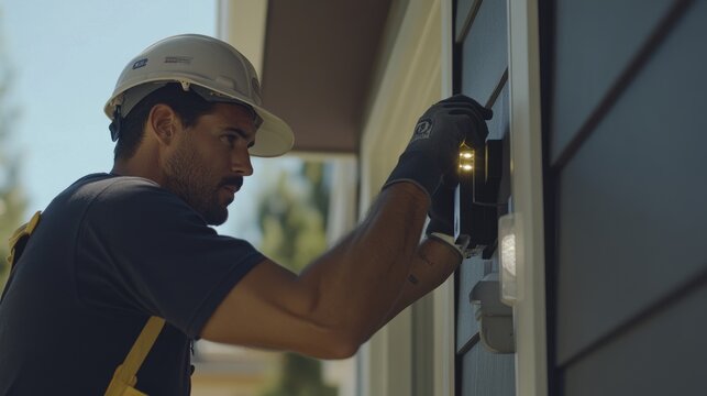 Hispanic electrician installing outdoor security lights. Featuring electrical work and home security