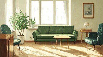 Living Room Interior with Green Upholstered Furniture and Sunlit Hardwood Floor
