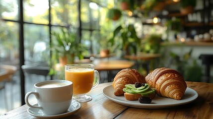 Morning cafe breakfast with croissants, juice, and coffee