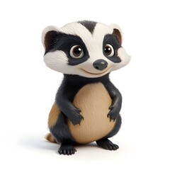 Obraz premium Adorable 3D rendered cartoon baby badger character stands smiling on white background perfect for children's book illustrations.