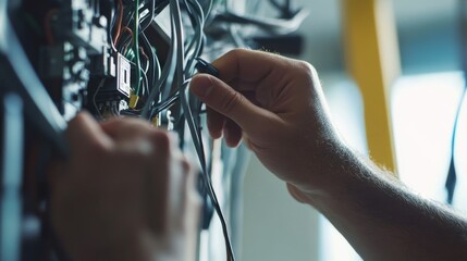 Hispanic electrician rewiring a circuit in a commercial building. Featuring electrical work and commercial projects