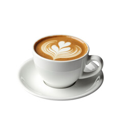 Obraz premium A heartwarming cup of latte art, a delicate flower design in creamy foam atop rich brown coffee, served in a simple elegant white cup and saucer against a bright white background.