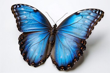 Fototapeta premium Blue morpho butterfly soaring iridescent blue wing reflecting light graceful movement captured white background
