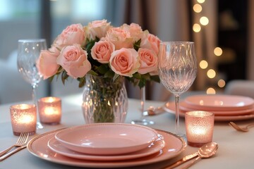 Romantic dinner table with pink roses and candlelight in cozy setting