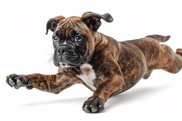 Obraz premium Boxer dog jumping muscular body stretched paws mid air intense focus brown eyes isolated on a white background