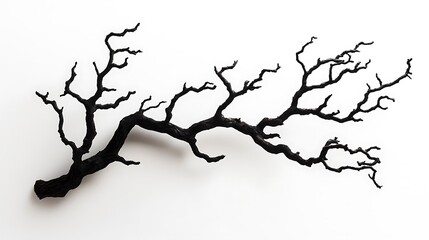 Black Abstract Twisted Branch with Intricate Twigs Isolated Background