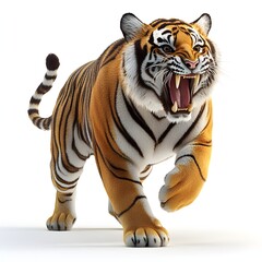 Obraz premium A majestic Bengal tiger roars fiercely while walking towards the viewer on a white background showcasing its powerful stripes and intense expression.