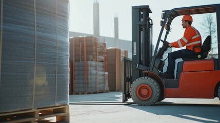 Forklift driver transporting construction materials. Featuring coordination and organization