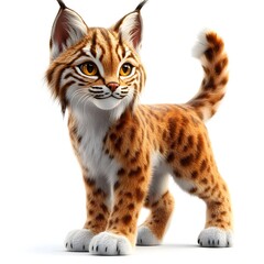 Obraz premium An adorable 3D rendered lynx kitten stands alertly on a white background showcasing its detailed fur and playful expression.
