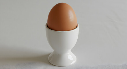 Single Brown Egg In White Porcelain Eggcup On Neutral Surface