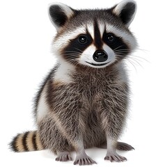 Obraz premium An adorable baby raccoon sits patiently on a white background perfect for children's books illustrations or cute animal themed projects.