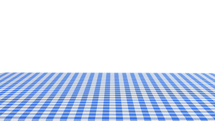 Empty table with blue checkered tablecloth and white background. Table with blue checkered cloth isolated on white.	
