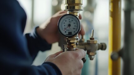 Plumber testing water pressure at a construction site. Featuring focus and precision