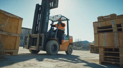 Forklift operator lifting materials at a construction site. Featuring coordination and skill