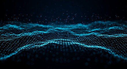 A glowing blue digital wave pattern with connected dots on a dark background abstract illustration