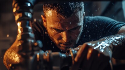 Plumber repairing a leaking pipe in a bathroom. Featuring problem-solving and focus