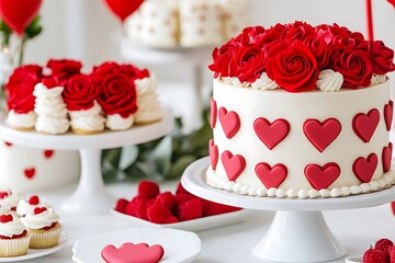 Romantic Cake with Red Roses and Heart Decorations for Celebration