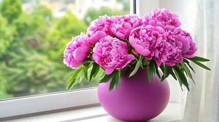 Bright and Vibrant Pink Peonies in Decorative Vase Near Window