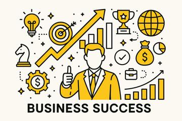 Fototapeta premium Business success. Modern flat line art illustration. Trendy outline vector graphic elements. Creative concept. Black and yellow colors isolated on white background