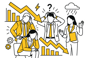 Business team failure. Modern flat line art illustration. Trendy outline vector graphic elements. Creative concept. Black and yellow colors isolated on white background