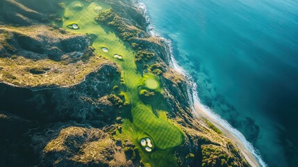 Aerial view of a coastal golf course nestled against a rugged coastline.