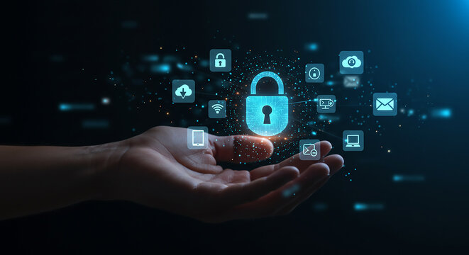 Hand holding a glowing padlock surrounded by digital icons on a dark background for cybersecurity